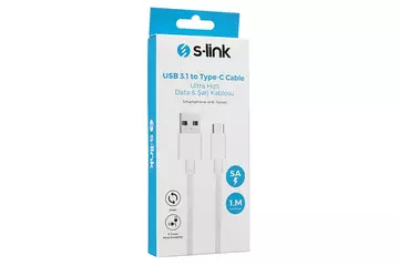 S-Link Type-C kábel, 100cm, 5A 12W, adat+töltőkábel, Gyorstöltés, fehér (SW-C797)