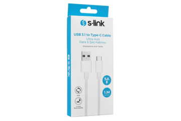 S-Link Type-C kábel, 100cm, 5A 12W, adat+töltőkábel, Gyorstöltés, fehér (SW-C797)