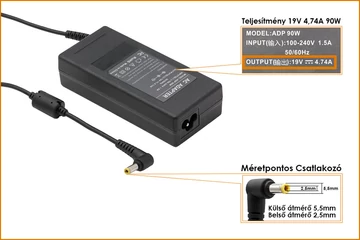 Asus 19V 4.74A 90W helyettesítő új töltő (ADP-90SB BB, PA-1900-24, EXA0904YH)