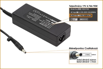 HP 19V 4.74A 90W (4.8mm-1.7mm kúpos jack) helyettesítő új töltő (PA-1900-18H1,101880-001)