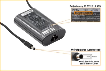 Dell 19.5V 2.31A 45W gyári új töltő, JT9DM, 3RG0T (csatlakozó átmérő: 4,5mm/3mm)
