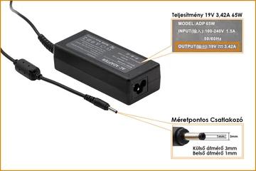 Acer 19V 3.42A 65W helyettesítő töltő, (csatlakozó átmérő: 3mm/1mm), ADP 65W, PA-1650