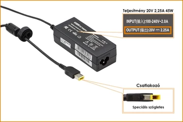 Lenovo 20V 2.25A 45W helyettesítő új töltő, sárga téglalap alakú csatlakozóval (45N0490)