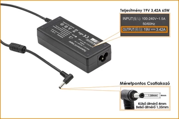 Asus UX303, TP300 19V 3.42A 65W helyettesítő új töltő, 0A001-00045900, 0A001-00441200 (csatlakozó átmérő: 4mm/1,35mm)