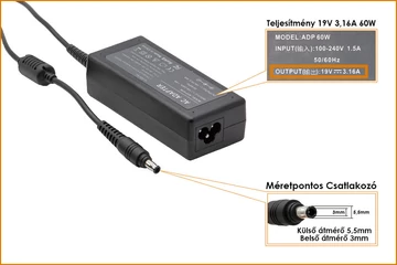 Samsung 19V 3.16A 60W (center pin) helyettesítő új töltő (AD-6019S, AD-6019R, ADP-60ZH)
