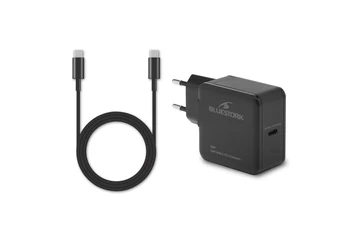 Bluestork Hálózati töltő - PW-BS-65-GAN-C (USB-C, 65W, 1,8m kábel, gyorstöltés, fekete)
