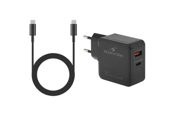 Bluestork Hálózati töltő - PW-BS-65-GAN-C-A (USB-C, USB-A, 65W, 1,8m kábel, gyorstöltés, fekete)