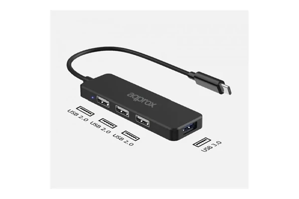 APPROX APPC48 USB HUB - Type-C 4in1 HUB (3db USB2.0, 1db USB3.0) Fekete
