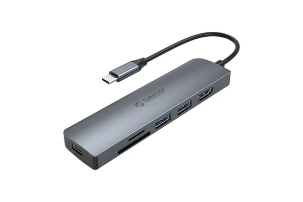 Orico Notebook Dokkoló - MC-U601P-GY/64/ (Bemenet: USB-C, Kimenet: 2xUSB-A/HDMI/TF/SD/PD, sötétszürke)