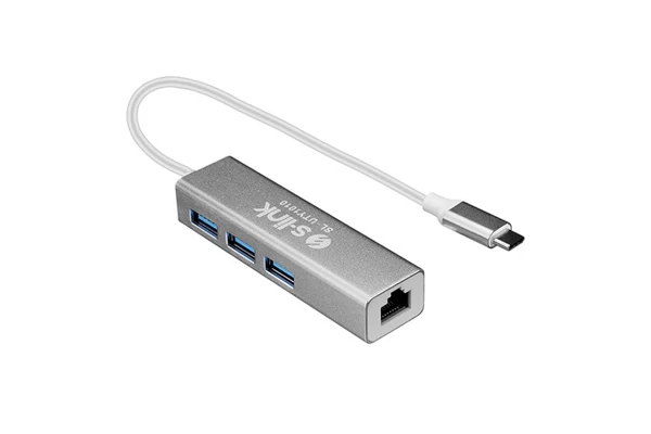 S-Link Notebook dokkoló - SL-UTY1010 (USB-C apa, RJ45 Ethernet anya, 3xUSB anya, Type-C anya, 4K, 30Hz, fém, szürke)