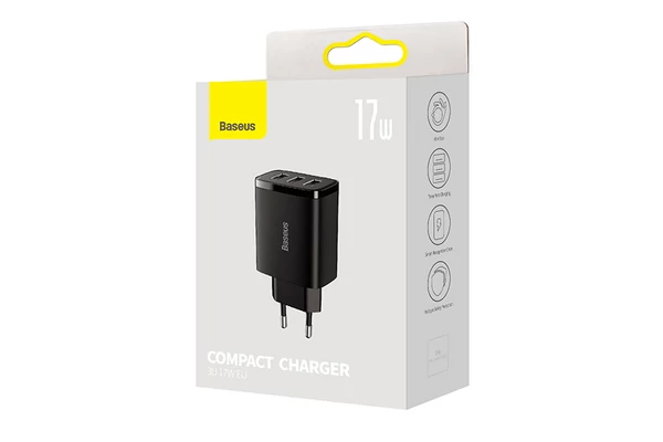 BASEUS COMPACT hálózati töltő 3 USB aljzat gyorstöltés támogatás (5V / 2400 mA, 17W) CCXJ020101 FEKETE