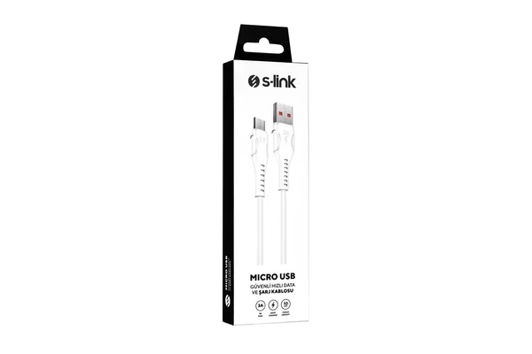 S-Link Micro USB kábel, 100cm, 2.4A, adat+töltőkábel, Gyorstöltés, fehér (SL-X241)