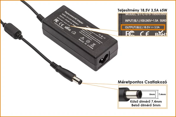 HP Compaq  ED494AA 18.5V 3.5A 65W center-pin középső tüskés helyettesítő új töltő (391172-001, 391172-001)