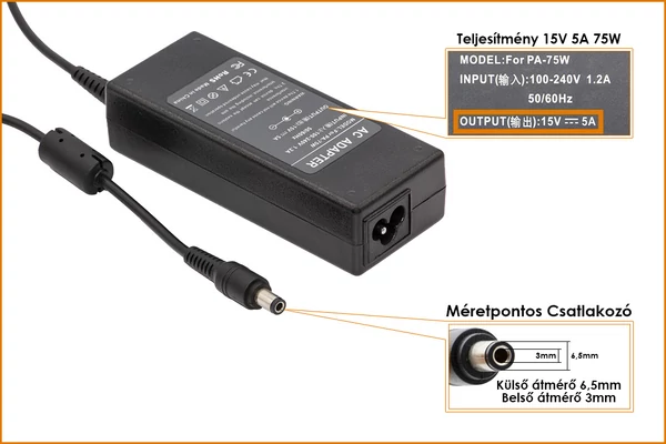 Toshiba 15V 5A 75W helyettesítő új töltő (ADP-60RHA, PA-1750-07)