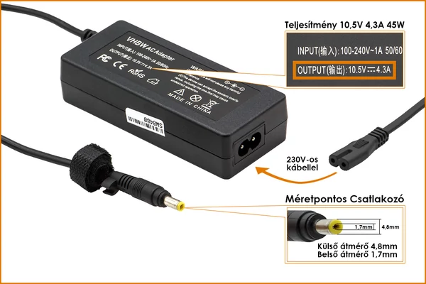 Sony 10.5V 4.3A 45W helyettesítő új netbook töltő (VGP-AC10V5, VGP-AC10V2)