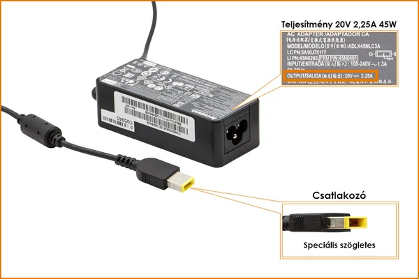 Lenovo 20V 2.25A 45W gyári új töltő, sárga téglalap alakú csatlakozóval, 00HM615