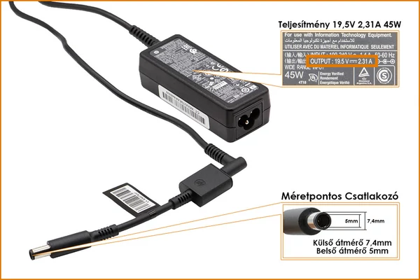 HP Compaq 19.5V 2.31A 45W center-pin, középső tüskés gyári új töltő (HSTNN-DA40)