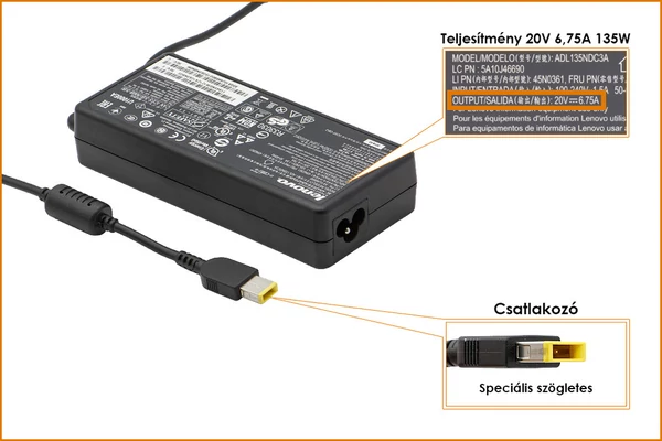 Lenovo 20V 6.75A 135W gyári új töltő, sárga téglalap alakú csatlakozóval, 45N0501