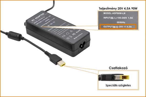 Lenovo 20V 4.5A 90W helyettesítő új töltő, sárga téglalap alakú csatlakozóval