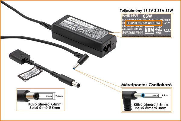 HP Compaq ED494AA 19.5V 3.33A 65W center-pin, középső tüskés gyári új töltő (391172-001, 391172-001)