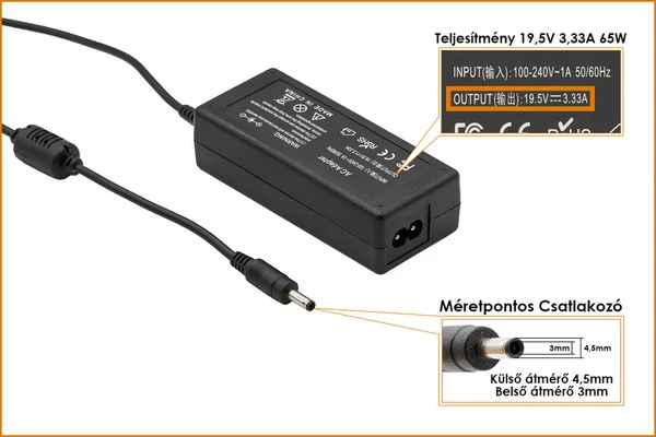 HP Compaq 19.5V 3.33A 65W vékony center-pin, középső tüskés helyettesítő új töltő (709985-003, 710412-001)