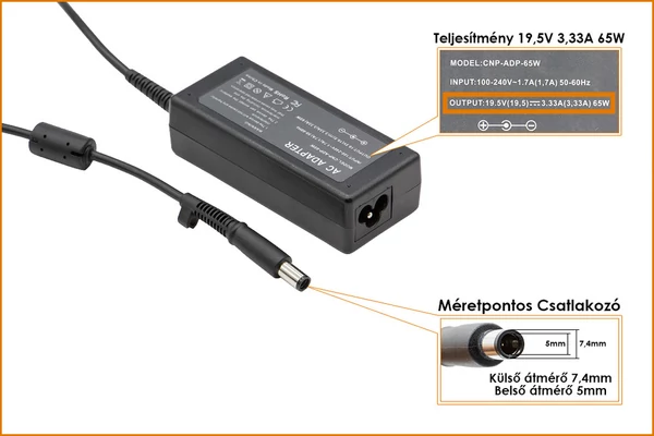 HP Compaq 19.5V 3.33A 65W center-pin, középső tüskés helyettesítő töltő (ED494AA)