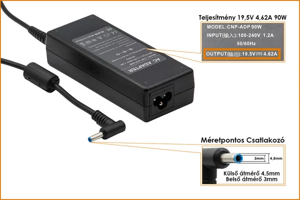 HP Compaq 19.5V 4.62A 90W vékony center-pin, középső tüskés helyettesítő töltő (709986-003, 710413-001)