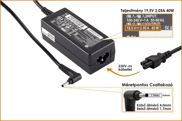 HP 19.5V 2.05A (4mm x 1.7mm) 40W gyári új töltő (HSTNN-CA18)