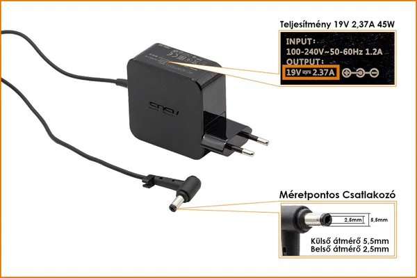 Asus 19V 2.37A 45W fali csatlakozós gyári új töltő, 5.5mm x 2.5mm (PA-1450-55, 0A001-00233600)