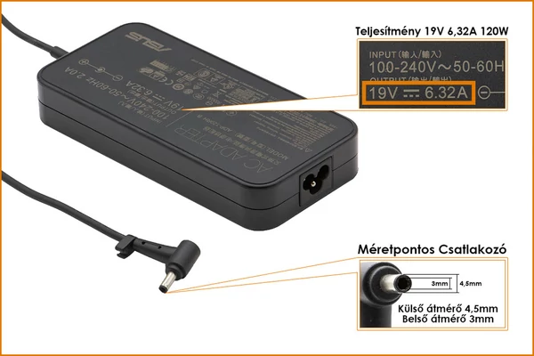 Asus 19V 6.32A 120W center pin (4.5mm/3mm) gyári új töltő (ADP-120RH, 0A001-00061800)
