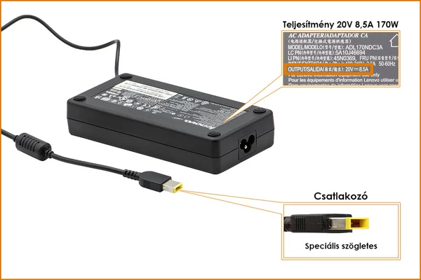 Lenovo 20V 8.5A 170W gyári új töltő, sárga téglalap alakú csatlakozóval (45N0558, 45N0514, 45N0370)