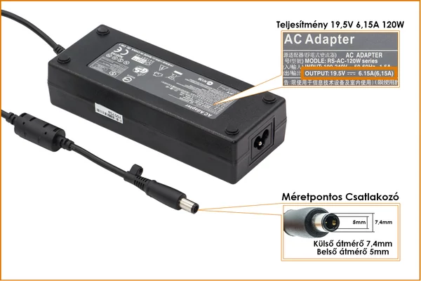 HP Compaq 19.5V 6.15A 120W center-pin, középső tüskés helyettesítő új töltő (645156-001)