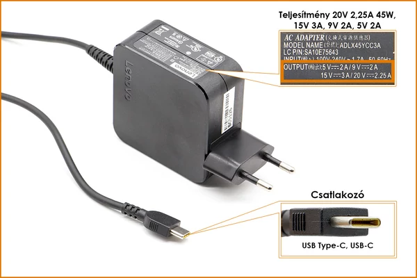Lenovo USB Type-C (USB-C) 45W 20V 2,25A / 15V 3A / 9V 2A / 5V 2A gyári új töltő fali csatlakozóval (ADLX45YCC3A)