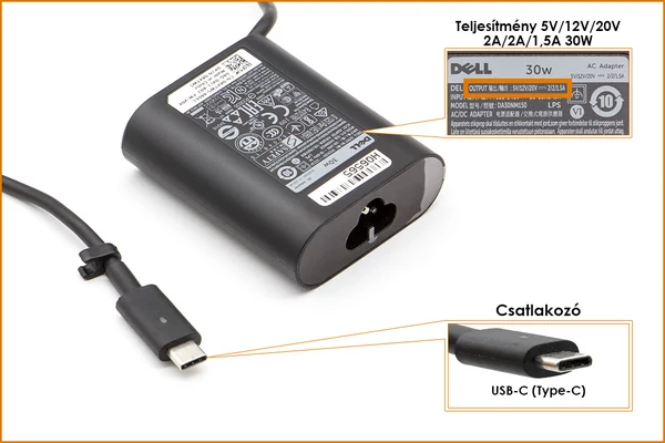 Dell gyári új 5V/12V/20V 2A/2A/1.5A 30W USB-C (Type-C) töltő (8XTW5, 08XTW5)