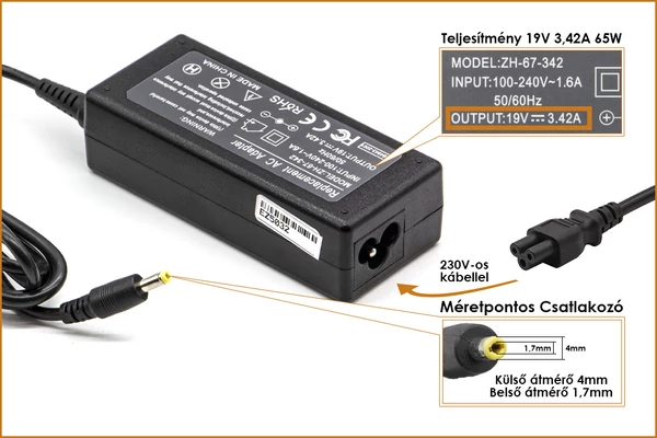 Toshiba Portege Z930, Satellite U840, U940 19V 3.42A 65W helyettesítő új töltő