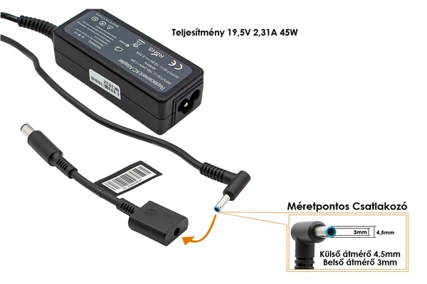 HP Compaq 19.5V 2.31A 45W center-pin, középső tüskés helyettesítő töltő (744481-003, 744893-001)