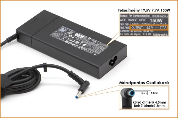 HP 19.5V 7.7A 150W vékony center-pin 4.5mm x 3mm gyári új töltő, (776620-001)