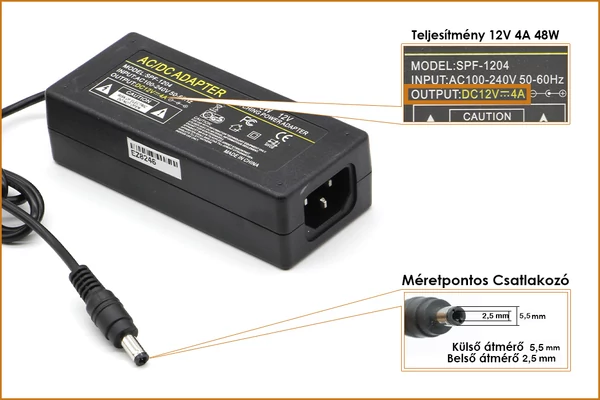 12V 4A 48W helyetesítő új adapter, 5,5 mm * 2,5 mm (SPF-1204)
