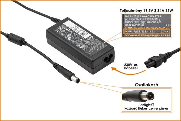 Dell PA-21 19.5V 3.34A 65W nyolcszögletű (octagonal) fejű gyári új töltő (NX061, HR763)