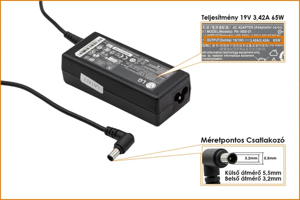 LG 19V 3.42A (center pin) 65W gyári új töltő (PA-1650-01)