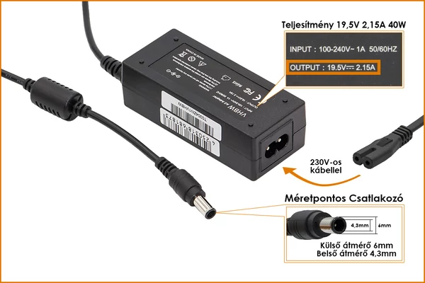 Sony 19.5V 2.15A 40W helyettesítő új netbook töltő (PCGA-ACX1, AC19V2)