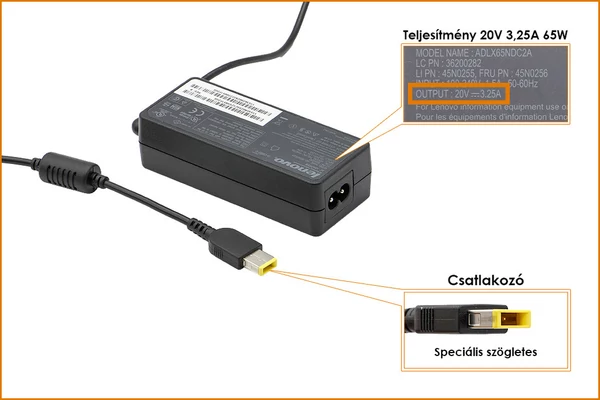 Lenovo 20V 3.25A 65W gyári töltő, sárga téglalap alakú csatlakozóval, 45N0256