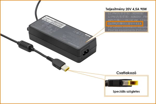 Lenovo 20V 4.5A 90W gyári töltő, sárga téglalap alakú csatlakozóval, 45N0483
