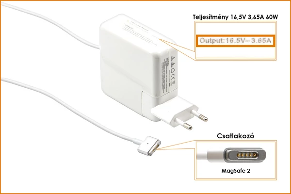 Apple MacBook 16.5V 3.65A 60W MagSafe 2 helyettesítő töltő, A1435, A1184