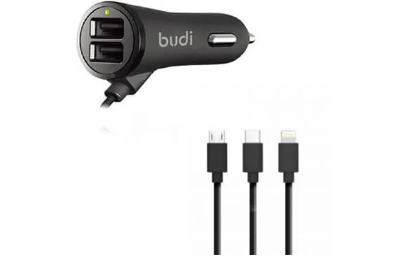 budi Autós Dupla USB szivar töltő  gyorstöltés 17W Lightning, Micro USB, USB Type-C (M8J06T3)