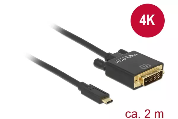 Delock Kábel USB Type-C csatlakozó > DVI 24+1 csatlakozó (DP váltakozó mód) 4K 30 Hz, 2 m, fekete
