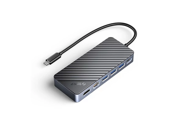 Orico Notebook Dokkoló - OM28PR-G2-BK (Bemenet: USB-C, Kimenet: HDMI/USB-A+C/RJ45/M.2/PD100W, sötétszürke)