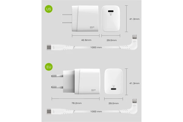 Silicon Power Telefon töltő - QM10 Type-C töltő + LK20CL Type-C -Lightning Kábel (18W töltő, 1m kábel, EU verzió)
