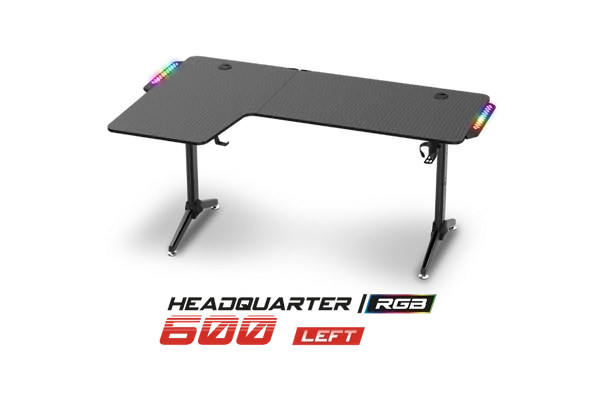 Spirit of Gamer Gamer Asztal - Headquarter 600 L (MDF lap, fém lábak, fekete, RGB LED háttérvilágítás, 140 x 60 x 75cm)
