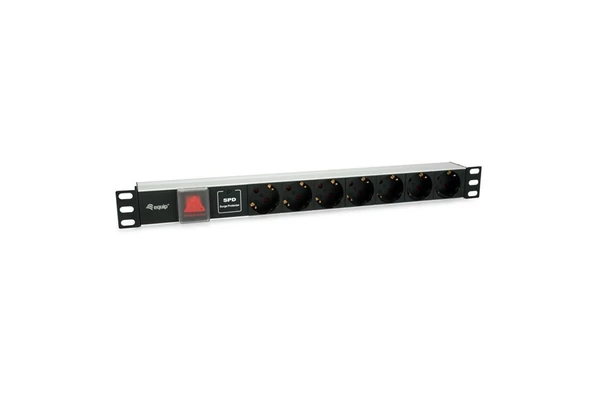 Equip Hálózati Elosztó - 333309 (Schuko, 7 Schuko, Rack 1U, túlfeszültség védelett, 1,8m kábel, aluminium, fekete)